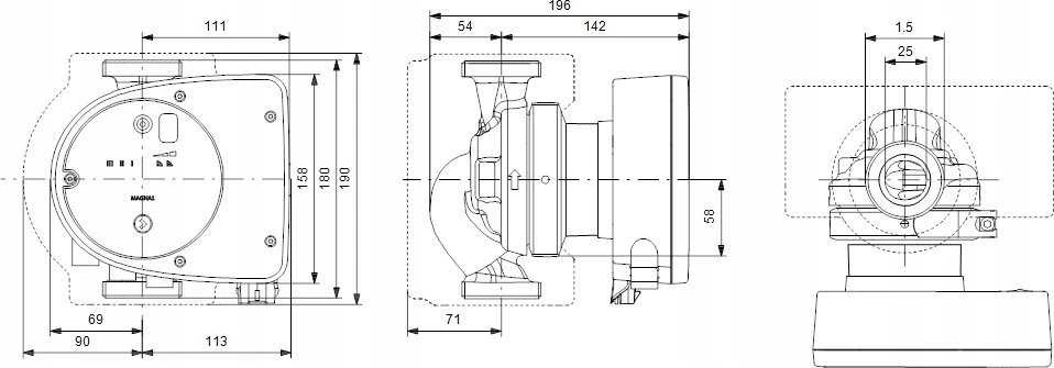 Grundfos MAGNA 1 25-120 techninis brėžinys