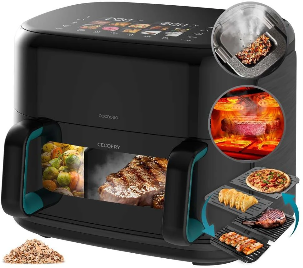 Cecotec karšto oro dvi kameros gruzdintuvė (fritezė) | Cecofry&Grilis Smokin'Prime 11000 | Galingumas 2800 W | Talpa 11 L | Juoda