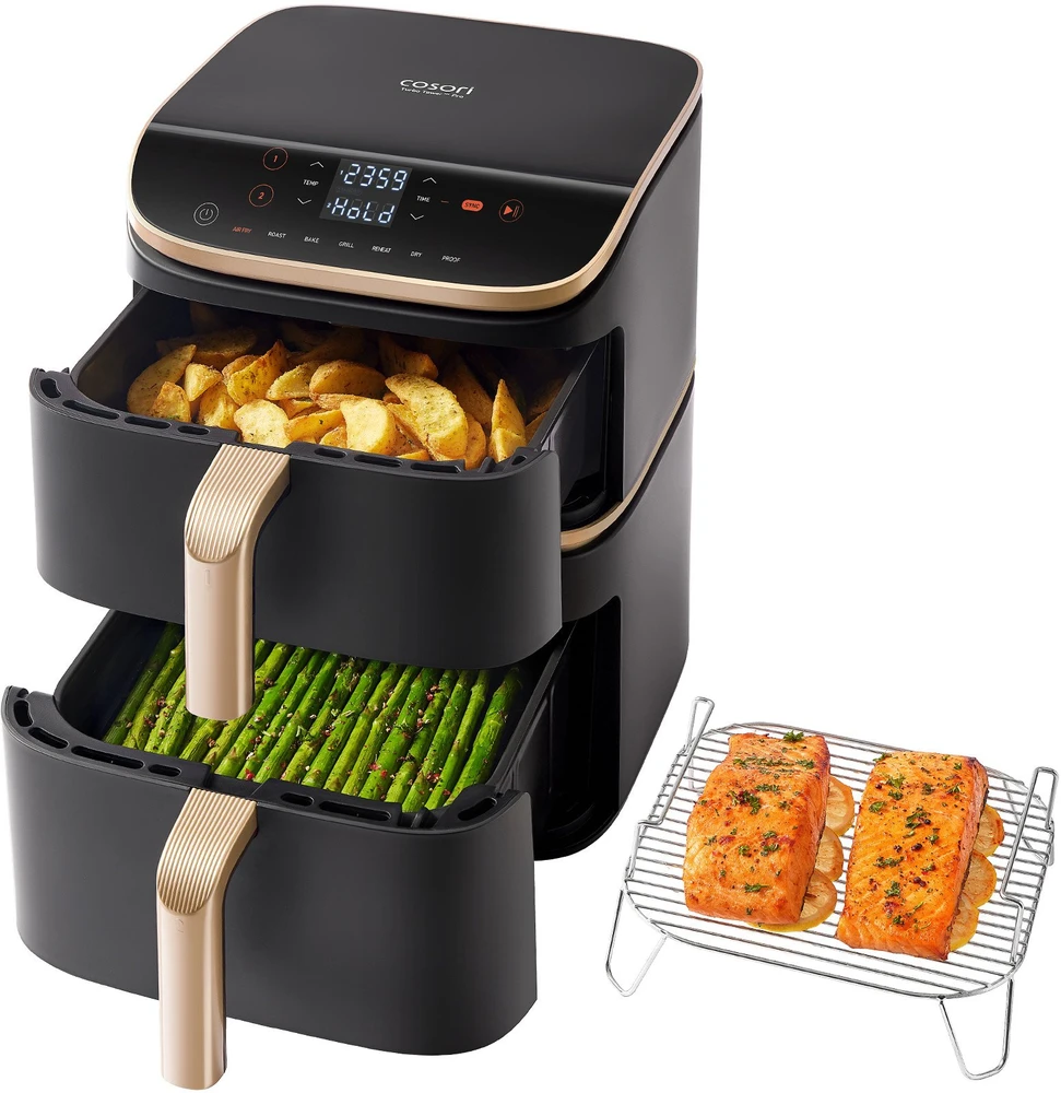 „Cosori Turbo Tower Pro Smart Single“ 10,8 l autonominė 2630 W karšto oro gruzdintuvė, Juodas, auksinė