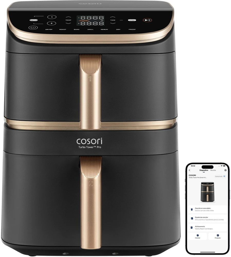 „Cosori Turbo Tower Pro Smart Single“ 10,8 l autonominė 2630 W karšto oro gruzdintuvė, Juodas, auksinė