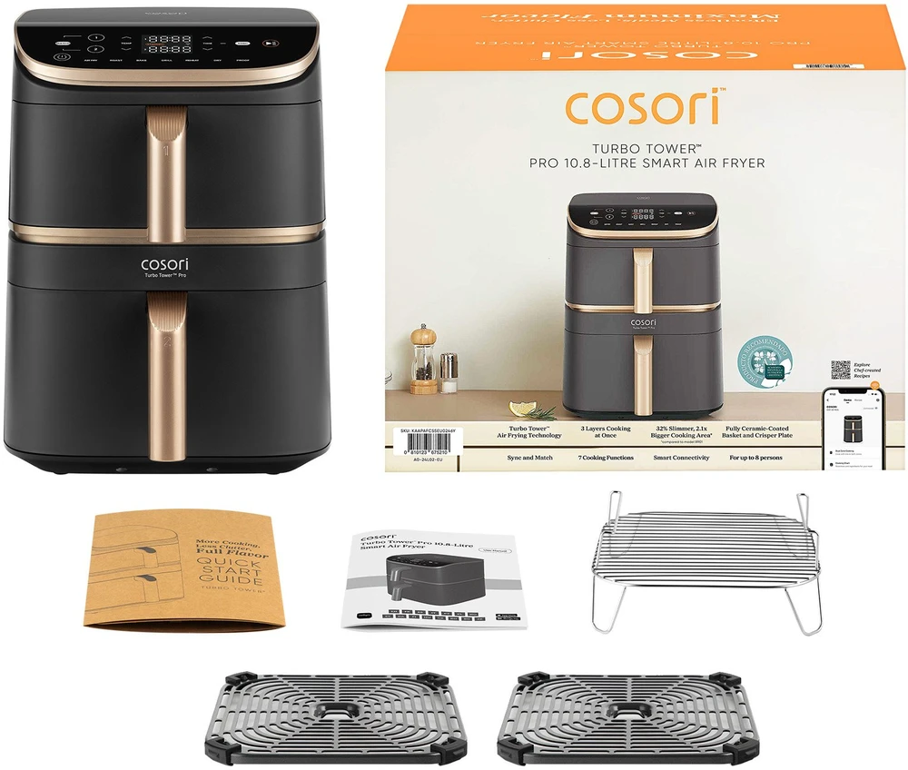 „Cosori Turbo Tower Pro Smart Single“ 10,8 l autonominė 2630 W karšto oro gruzdintuvė, Juodas, auksinė