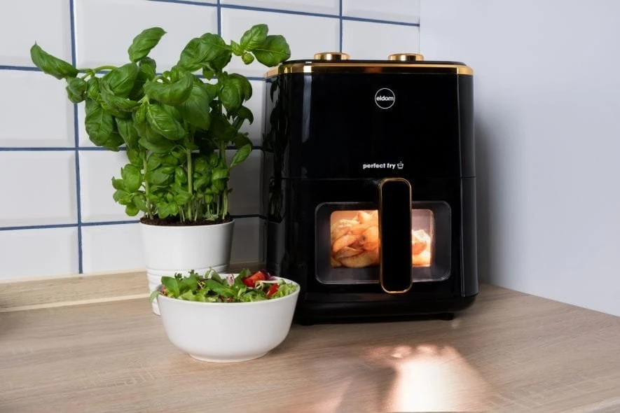 ELDOM FRITTA neriebi gruzdintuvė, talpa 5,0 l, reguliuojama temperatūra, 1500 W, viena 5 l talpos, atskira karšto oro gruzdintuvė, Juodas