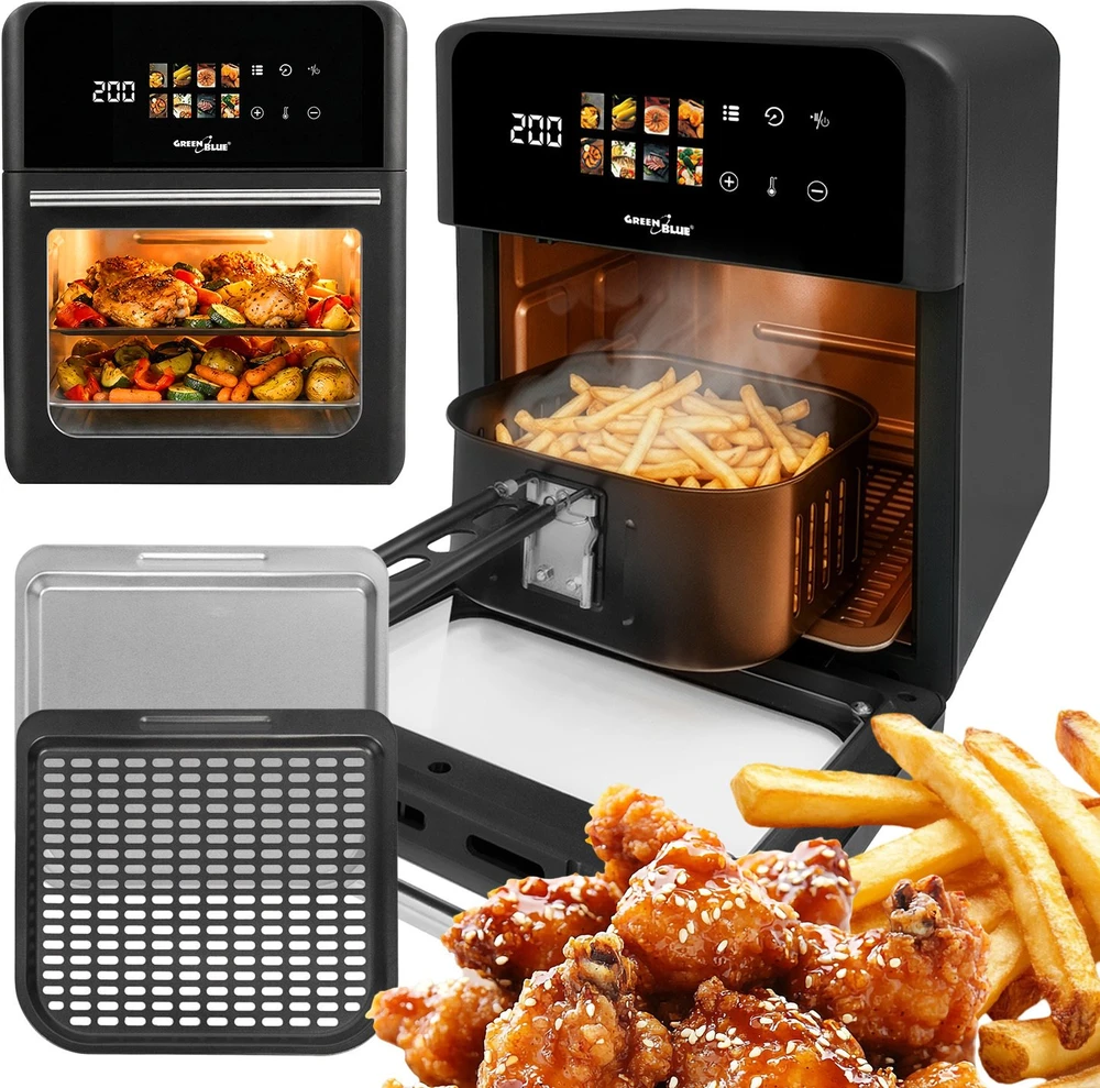 „GreenBlue AIR FRYER“ oro gruzdintuvė be aliejaus, 1800 W, 10 l talpa, 8 programos, priedai, laikmatis, GB950