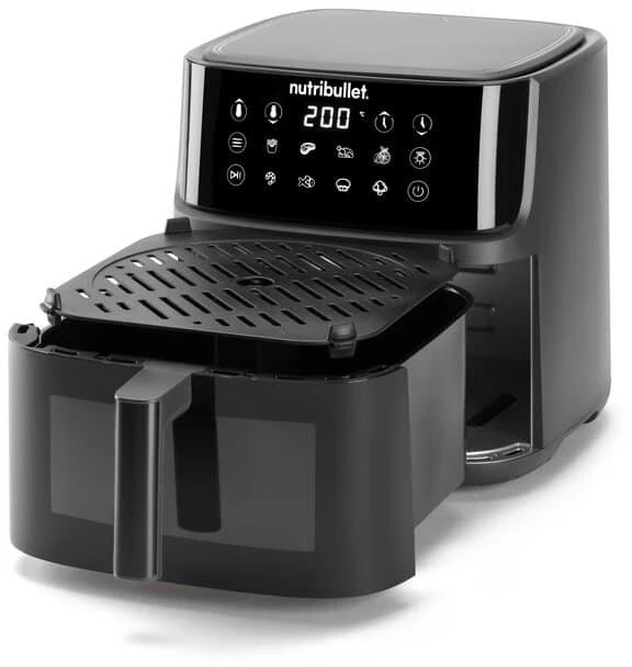Gruzdintuvė be aliejaus Nutribullet Gruzdintuvė karštu oru CRISPLITE VISION (juoda/sidabrinė, 2000 W, 8 l krepšys, su langeliu)