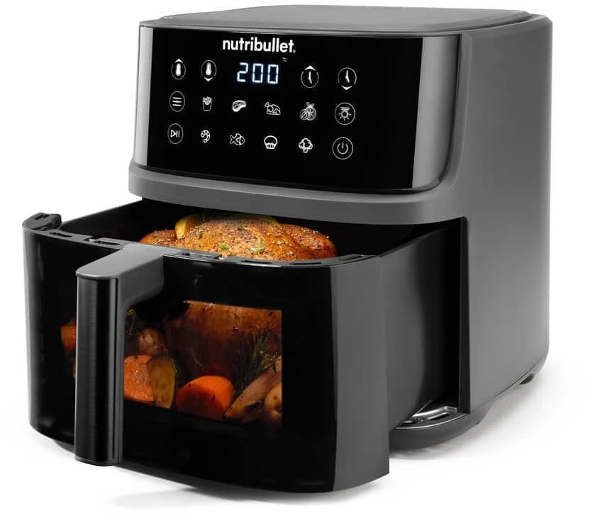 Gruzdintuvė be aliejaus Nutribullet Gruzdintuvė karštu oru CRISPLITE VISION (juoda/sidabrinė, 2000 W, 8 l krepšys, su langeliu)