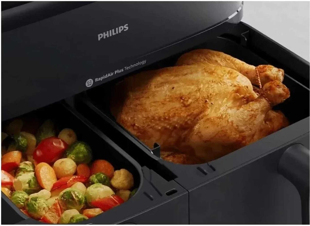 PHILIPS Gruzdintuvė be aliejaus 9 l su dvigubu krepšiu, garų funkcija NA550/00