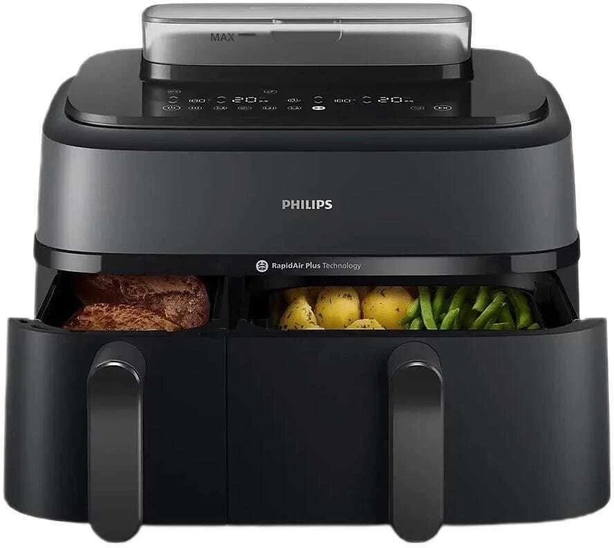PHILIPS Gruzdintuvė be aliejaus 9 l su dvigubu krepšiu, garų funkcija NA550/00