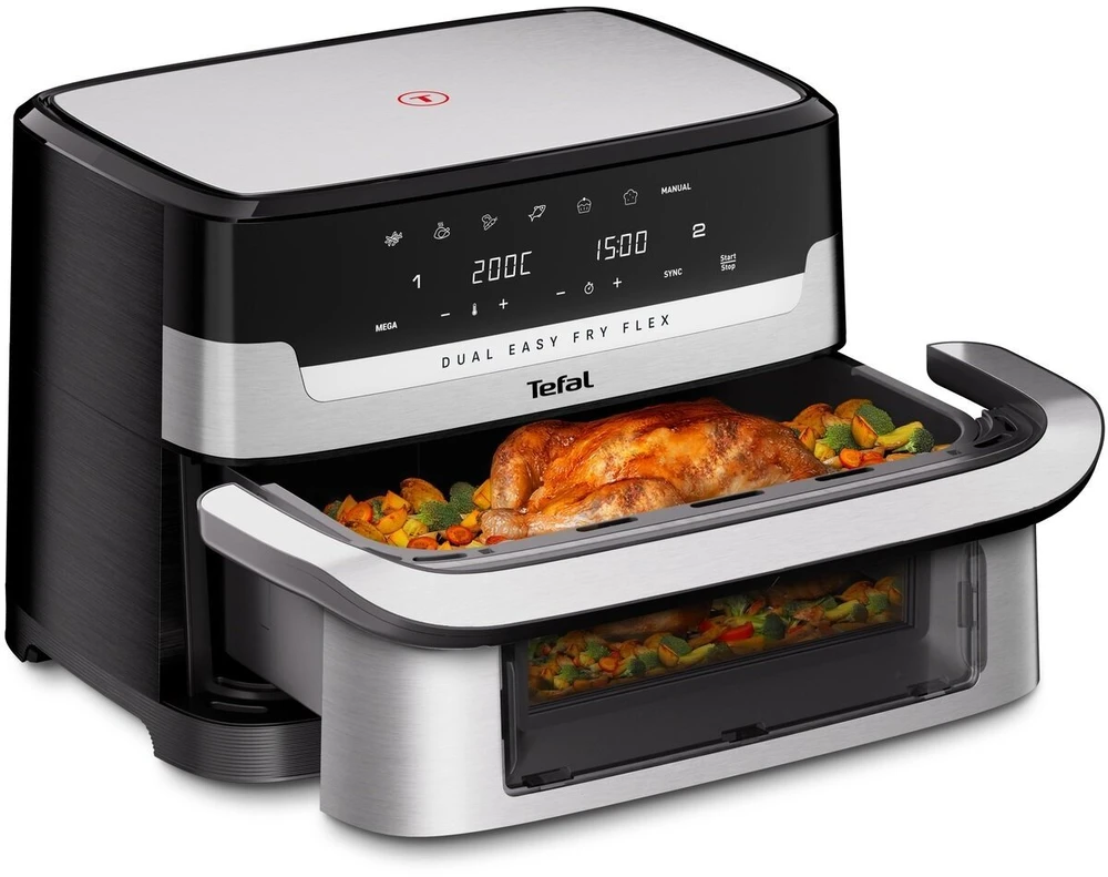 Gruzdintuvė Tefal Dual Easy Fry Flex EY922D 9 L Stand-alone Hot air fryer Juodas, Nerūdijantis plienas