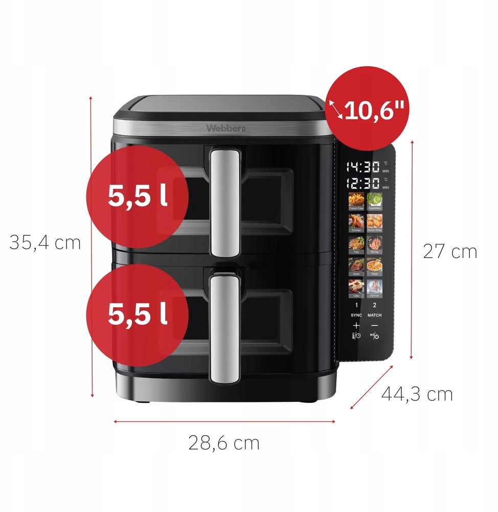 Nezatříděno Gruzdintuvė beztłuszczowa Webber Gruzdintuvė PODWÓJNA PIONOWA BEZTŁUSZCZOWA AIR FRYER 2800W 11L XXL WEBBER