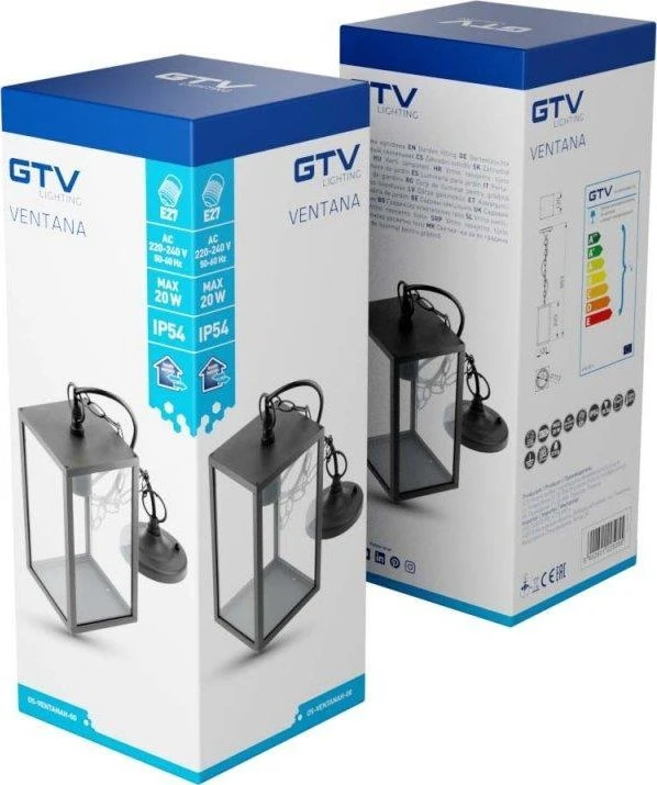 GTV Sodo šviestuvas pakabinamas VENTANA-H, E27, MAX.20W, IP54, AC220-240V, 50-60Hz, juodas