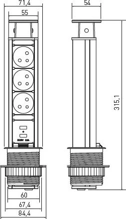 GTV Kištukinis lizdas su įžeminimu 2 x USB 2.1A 5V 1.5m (AE- BPW3U60U- 20)