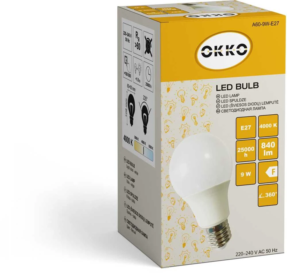 Okko GTV LED lemputė A60 9W E27 840LM 4000K matinė