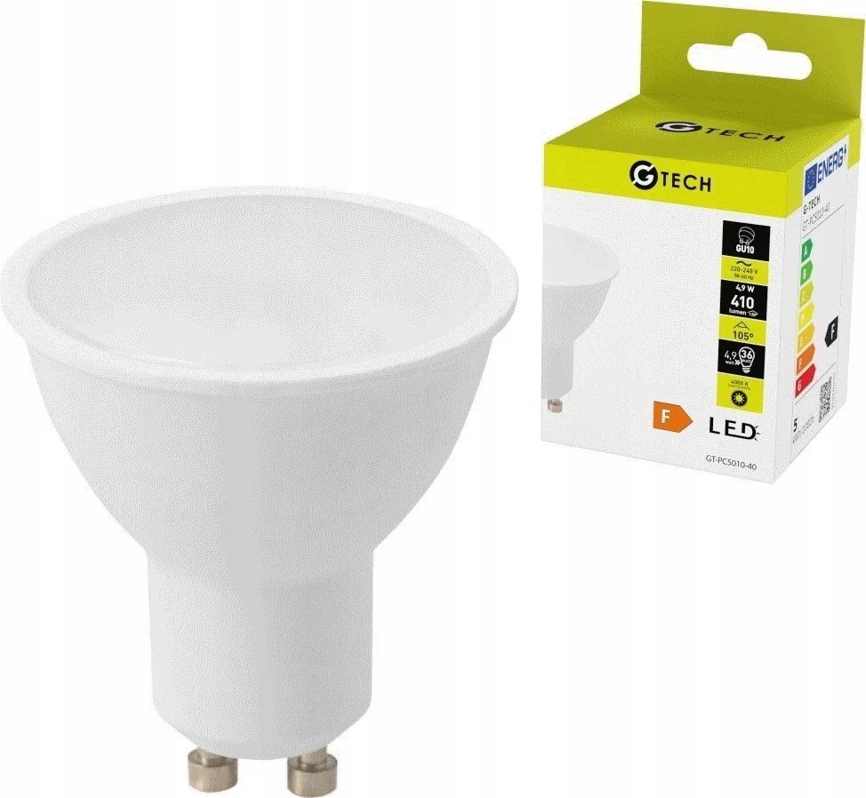 GTV G-TECH LED šviesos šaltinis, A-G, 4,9W, 4000K, GU10, AC220-240V, 50-60Hz, 120°, 410lm, 53m