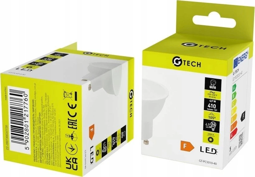 GTV G-TECH LED šviesos šaltinis, A-G, 4,9W, 4000K, GU10, AC220-240V, 50-60Hz, 120°, 410lm, 53m