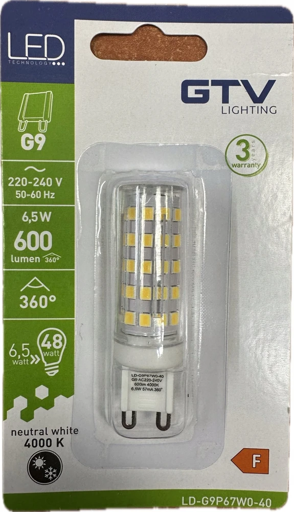 LED lemputė, G9, 4000K, 6,5 W, AC220-240V, 360°, 600lm, 57mA, LD-G9P67W0-40, GTV