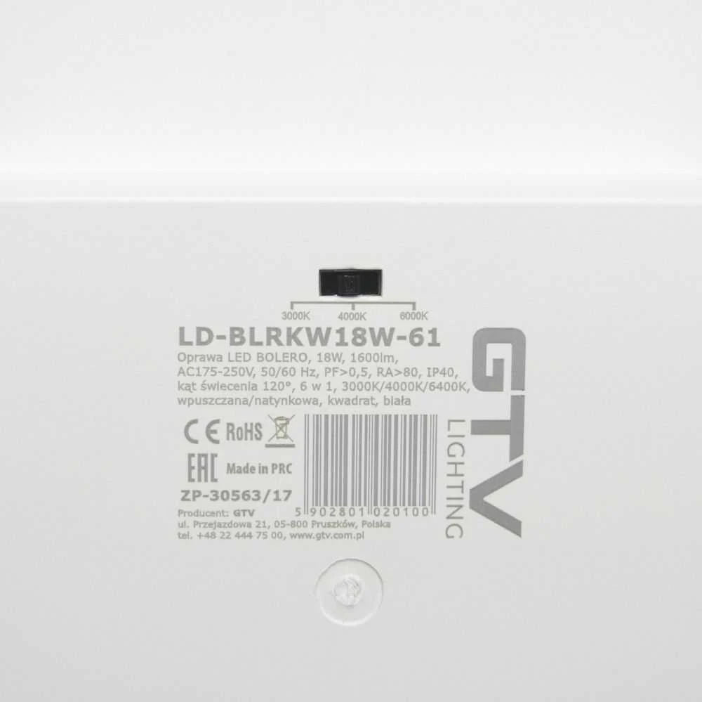 GTV BOLERO LED šviestuvas, 18 W, 1600 lm, AC175-250 V, 50/60 Hz, PF>0,5, RA>80, IP40 LED švies