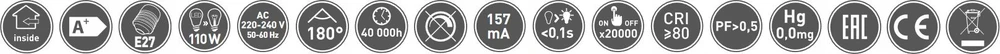 GTV LED lemputė, A65, 3000K, E27, 18W, 1700lm, AC175-265V/ 50-60Hz, RA>80, 180°, 157mA