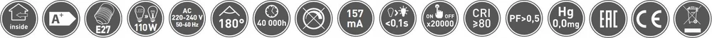 GTV LED lemputė, A65, 6400K, E27, 18W, 1700lm, AC175-265V/ 50-60Hz, RA>80, 180°, 157mA