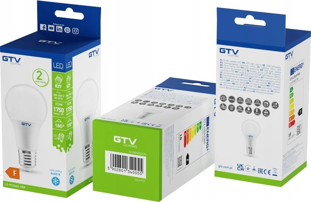 GTV LED lemputė, A65, 6400K, E27, 18W, 1700lm, AC175-265V/ 50-60Hz, RA>80, 180°, 157mA