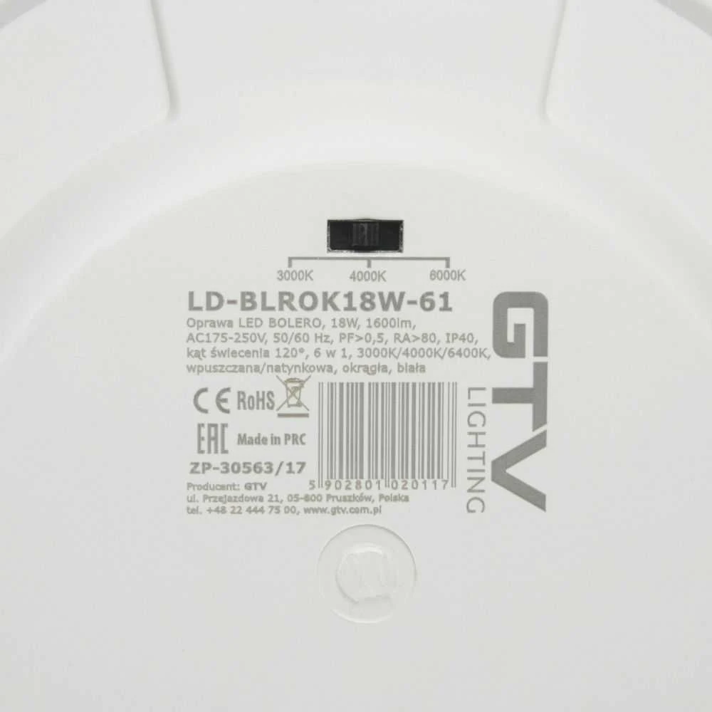 Lubinis šviestuvas GTV BOLERO LED šviestuvas, 18 W, 1600 lm, AC175-250 V, 50/60 Hz, PF>0,5, RA>80, IP40 LED švies