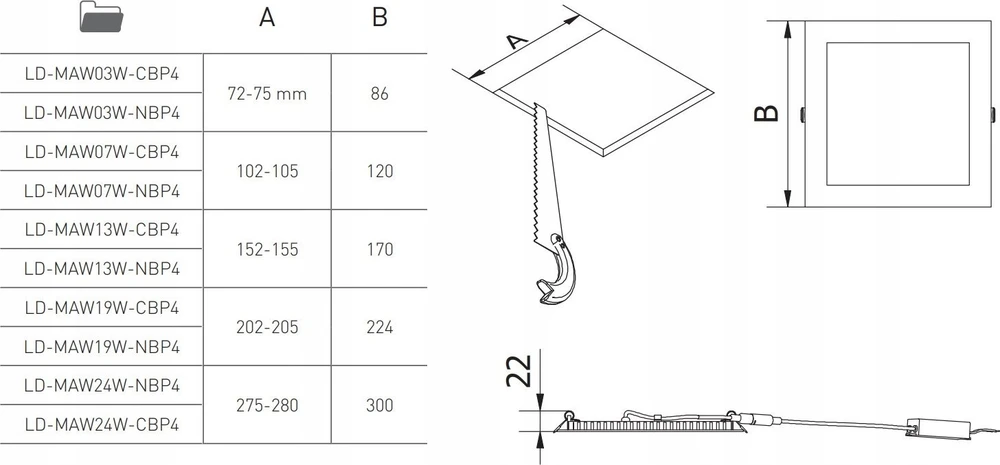 GTV MATIS PLUS LED šviestuvas, IP44, 24W, 2000lm, AC220-240V, 50/60Hz, 120°, 4000K, įleidžiama