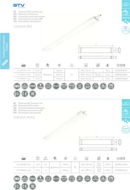 GTV hermetiškas LED šviestuvas OMNIA 60W 6000lm 4000K IP66 1200mm LD-OMN120-60B