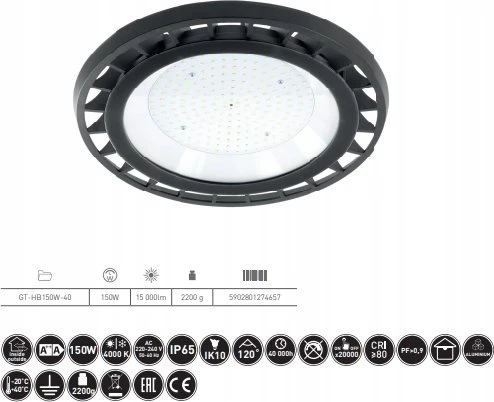 GTV G-TECH HIGH BAY,150W,15000lm,AC220-240V,50-60Hz,IP65,RA>80,PF>0,9,4000K