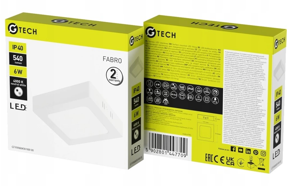 GTV G-TECH FABRO įleidžiamas šviestuvas, LED, 6W, 540lm, 4000K, AC220-240V, IP40, paviršinio montavimo, kvadratinis,