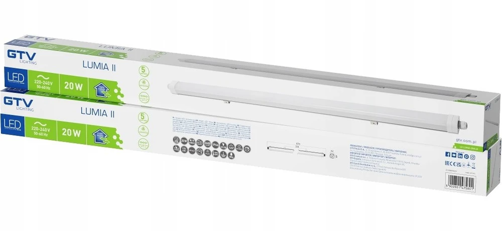 GTV Hermetiškas šviestuvas LUMIA II, LED, 20W, 2600lm, 4000K, AC220-240V, IP66, PC, Baltas