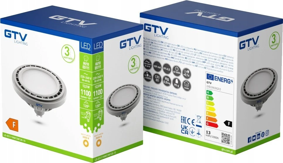 GTV LED lemputė, es111, 3000K, GU10, 12,5 W, AC220-240V, 120°, 1100lm, 109ma, pilka