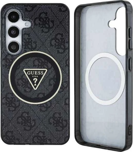 Guess 4G Glitter Triangle Mygtukai MagSafe Samsung Galaxy S25 Plus dėklas telefonui juodos spalvos