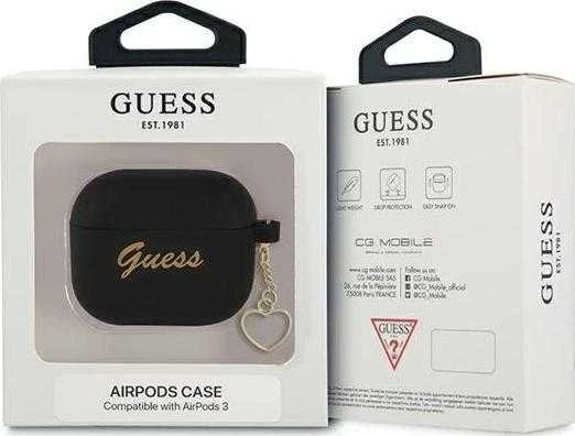 Guess dėklas Airpods 3 GUA3LSCHSK juodam silikoniniam širdies žavesiui
