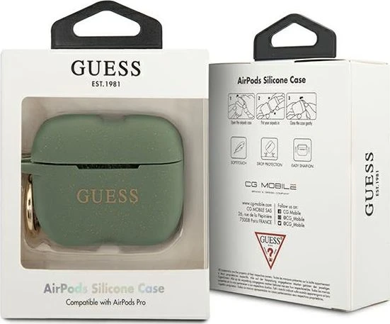 Guess Apsauginis dėklas GUACAPSILGLKA silikoninis Glitter, skirtas AirPods Pro žalias