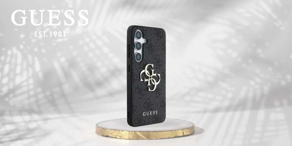 Guess PU 4G Metal Logo dėklas skirtas Samsung Galaxy S25 pilkos spalvos
