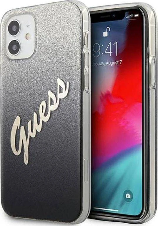Guess GUHCP12SPCUGLSBK Apple iPhone 12 mini 5,4″ juodos spalvos kietas dėklas Glitter Gradient Script