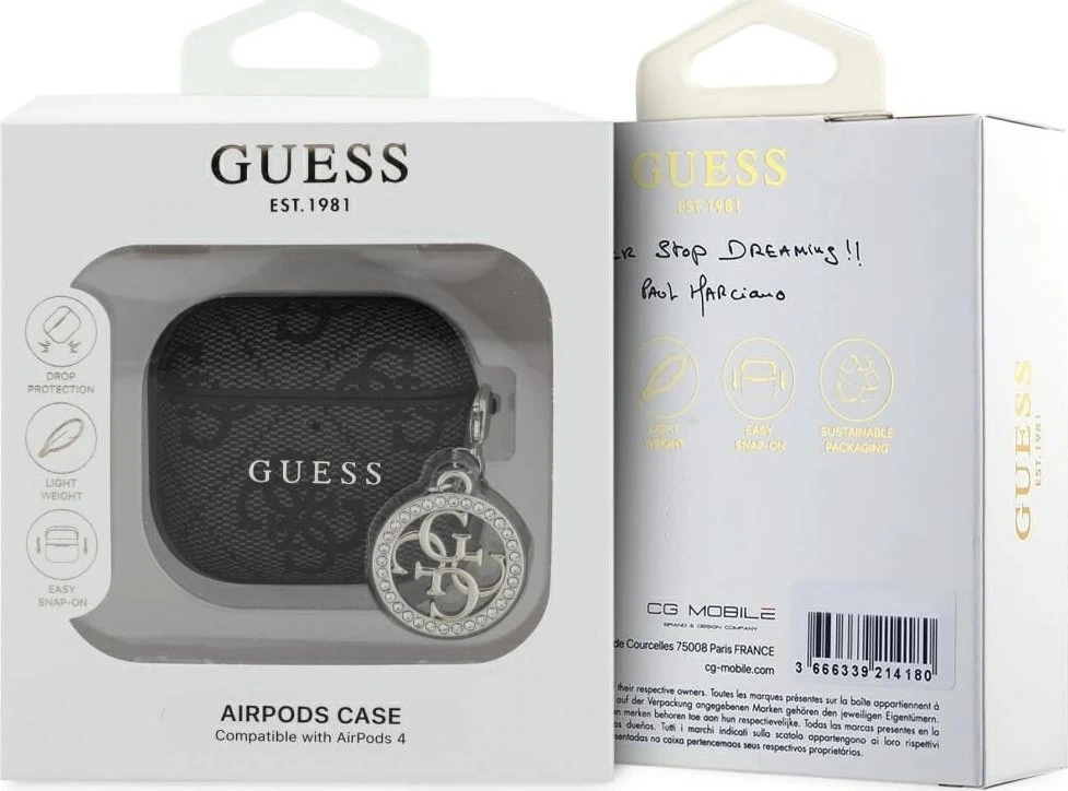 Guess 4G Script PC/PU Charm dėklas skirtas Apple AirPods 4 juodos spalvos