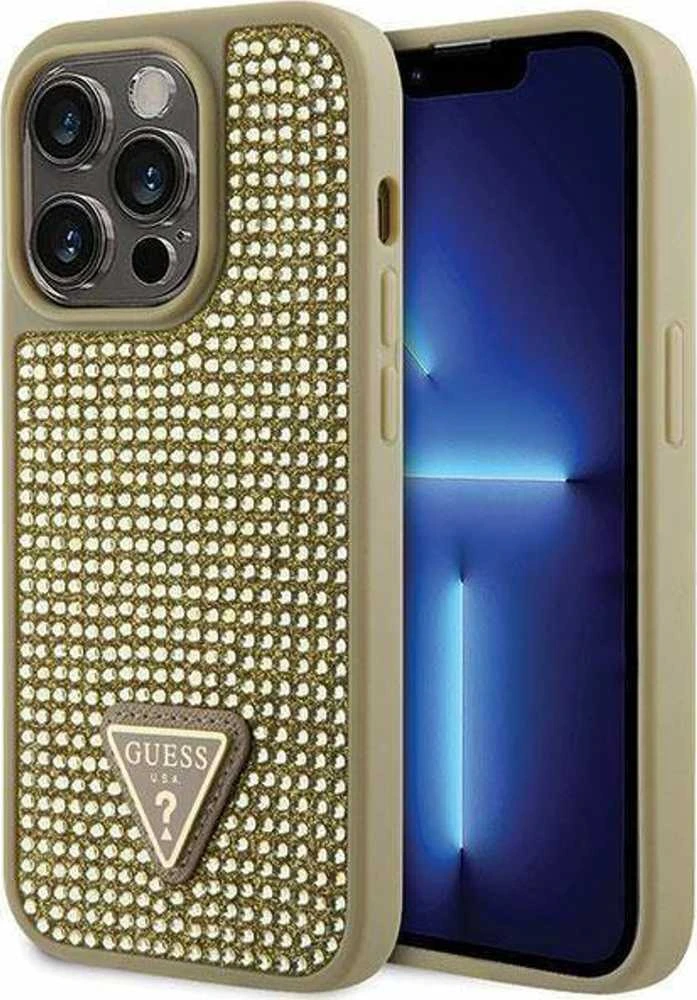 Guess GUHCP14LHDGTPD Apple iPhone 14 Pro 6.1″auksinis kietas dėklas Rhinestone Triangle