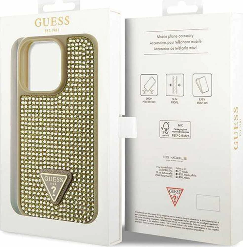 Guess GUHCP14LHDGTPD Apple iPhone 14 Pro 6.1″auksinis kietas dėklas Rhinestone Triangle
