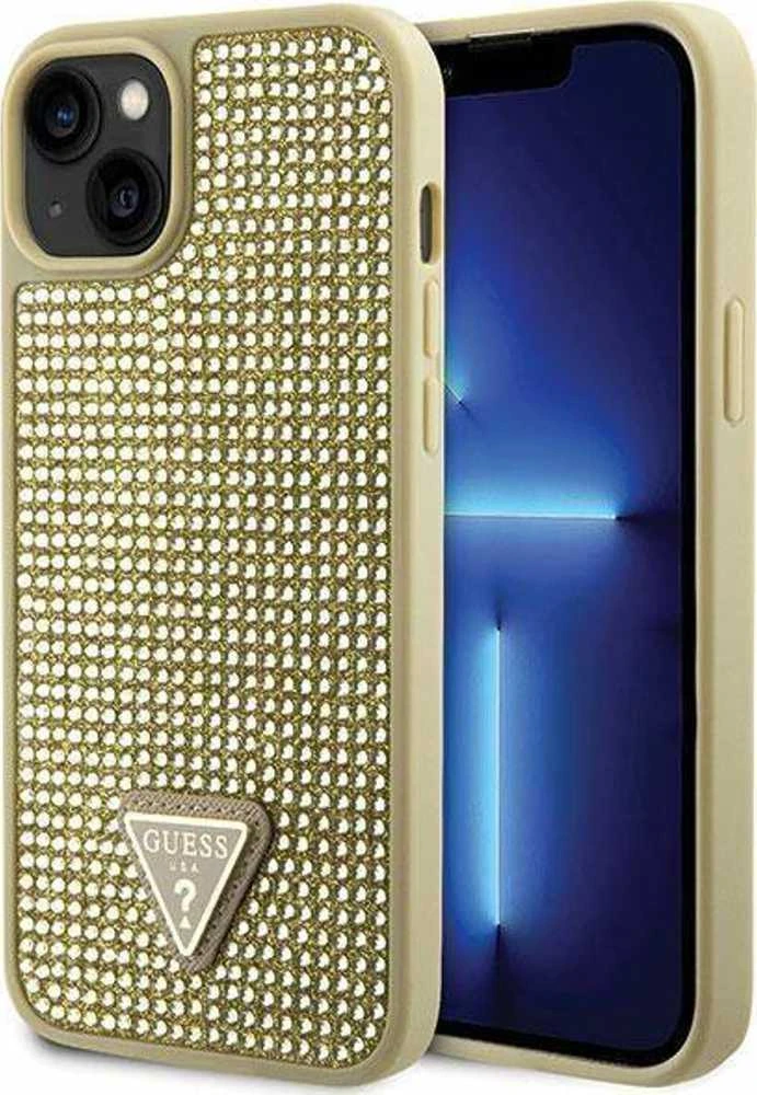 Guess GUHCP14SHDGTPD Apple iPhone 14 / 15 / 13 6.1″ auksinis kietas dėklas Rhinestone Triangle