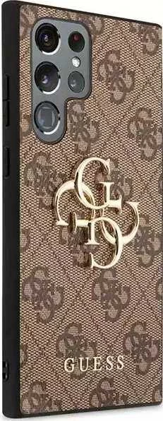 Guess PU 4G Metal Logo dėklas skirtas Samsung Galaxy S23 Ultra rudos spalvos