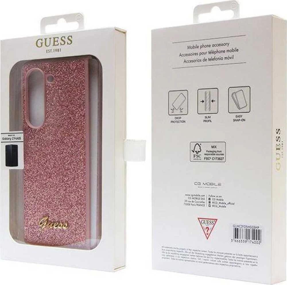 Guess GUHCZFD5HGGSHP F946 Z Fold5rožinės spalvos kietas dėklas Glitter Script