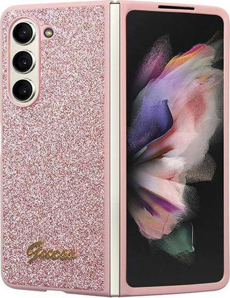 Guess GUHCZFD5HGGSHP F946 Z Fold5rožinės spalvos kietas dėklas Glitter Script