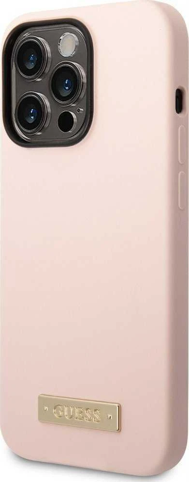 Guess telefono dėklas iPhone 14 Pro Max 6,7 GUHMP14XSBPLP rožinė hard telefono dėklas Liquid Silikoninis Logo Plate MagSafe