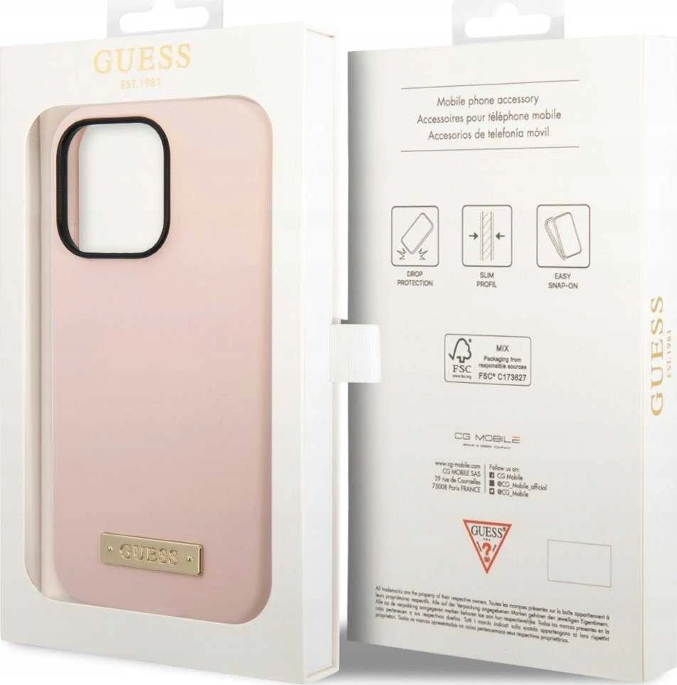 Guess telefono dėklas iPhone 14 Pro Max 6,7 GUHMP14XSBPLP rožinė hard telefono dėklas Liquid Silikoninis Logo Plate MagSafe