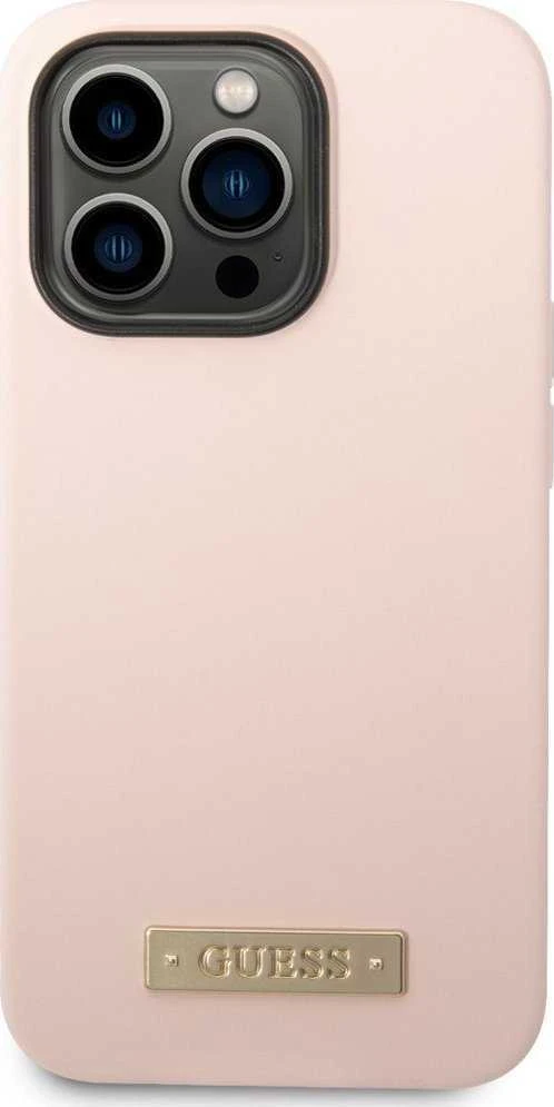 Guess telefono dėklas iPhone 14 Pro Max 6,7 GUHMP14XSBPLP rožinė hard telefono dėklas Liquid Silikoninis Logo Plate MagSafe