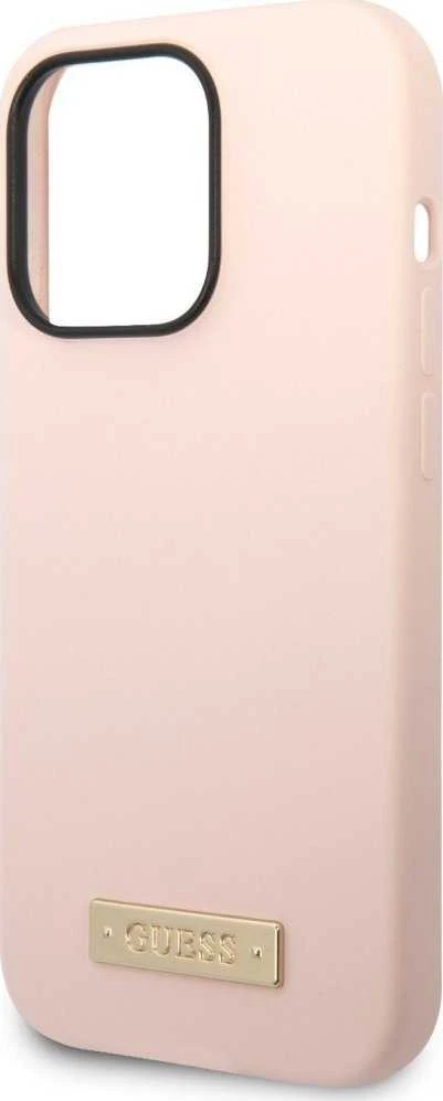 Guess telefono dėklas iPhone 14 Pro Max 6,7 GUHMP14XSBPLP rožinė hard telefono dėklas Liquid Silikoninis Logo Plate MagSafe