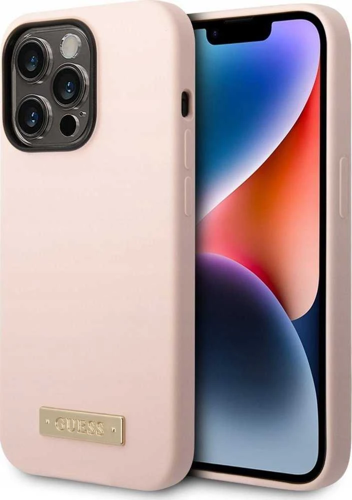 Guess telefono dėklas iPhone 14 Pro Max 6,7 GUHMP14XSBPLP rožinė hard telefono dėklas Liquid Silikoninis Logo Plate MagSafe