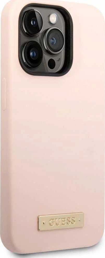 Guess telefono dėklas iPhone 14 Pro Max 6,7 GUHMP14XSBPLP rožinė hard telefono dėklas Liquid Silikoninis Logo Plate MagSafe