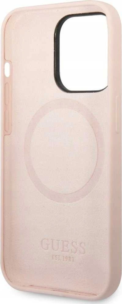 Guess telefono dėklas iPhone 14 Pro Max 6,7 GUHMP14XSBPLP rožinė hard telefono dėklas Liquid Silikoninis Logo Plate MagSafe