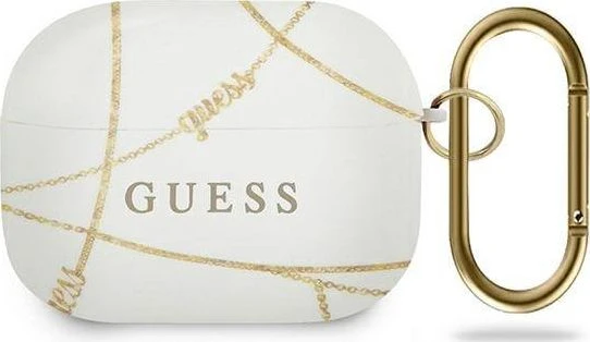 Dėklas „Guess GUACAPTPUCHWH AirPods Pro“ ausinės, ausinės su dangteliais ir baltomis „Gold Chain Collection“